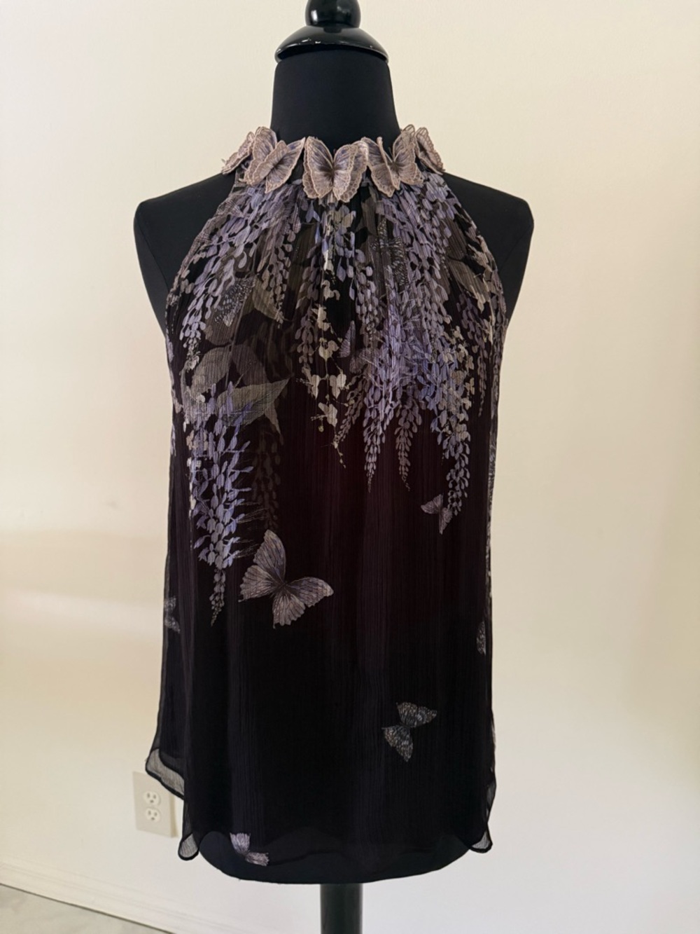ZIMMERMANN Botanica Black Lavender Tea Silk Top with Butterfly Appliqués $425 - Picture 2 of 16